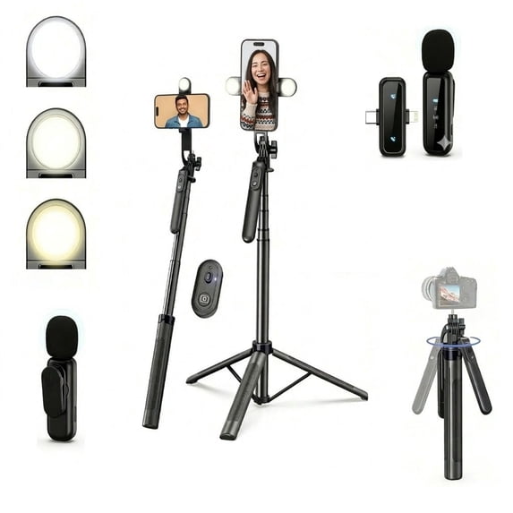 Content Creator Essentials Kit for YouTube, 63" Phone Tripod with Wireless Remote, Microphone and LED Light
