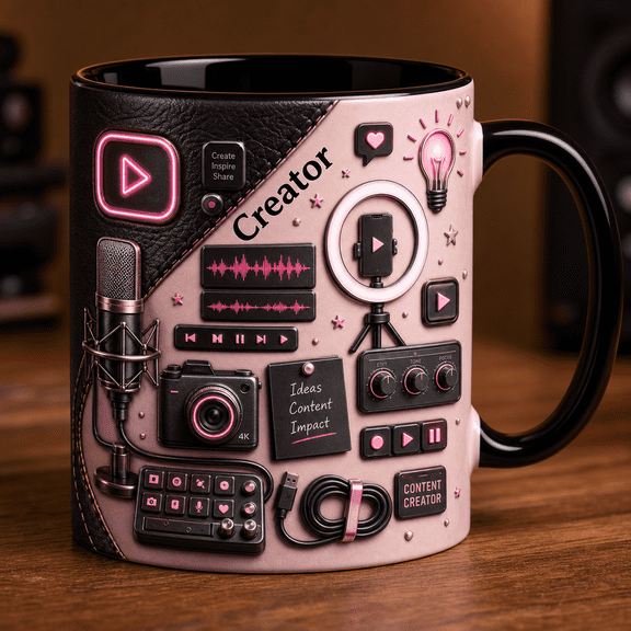 Content Creator Mug 3D Effect Pink Neon Coffee Cup Gift for Streamers & Creators