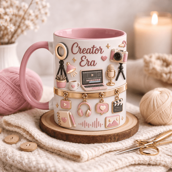 Content Creator Mug Pink Cozy Studio Coffee Cup Gift for Vlogger, Podcaster, Maker