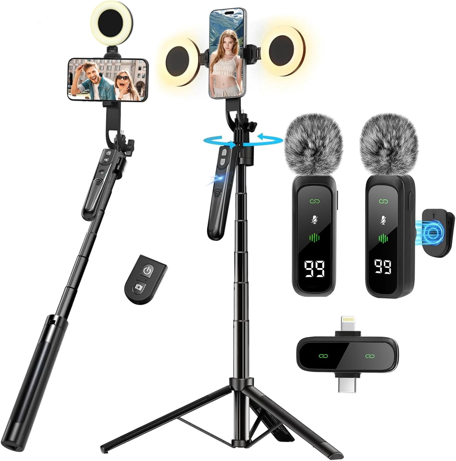 Content Creator Starter Kit,Vlogging Kit for iPhone/Android,70”Auto Face Tracking Tripod 360 Rotation with Light, Wireless Microphones,Selfie Stick Tripod for TikTok & YouTube Starter Kit