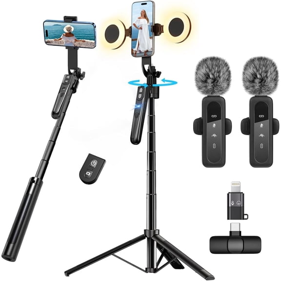 Content Creator Vlogging Kit for iPhone/Android,70-inch Auto Face Tracking Tripod for iPhone with Light and Wireless Microphones,TikTok/YouTube Starter Kit