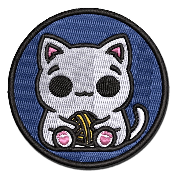 Content Kawaii Chibi Sitting Cat with Ball of Yarn Applique Multi-Color Embroidered Iron-On Patch - 3 Inch Medium