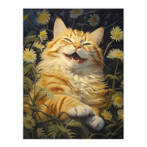 Contented Grinning Ginger Cat Wildflower Meadow Oil Painting Extra Large XL Wall Art Poster Print