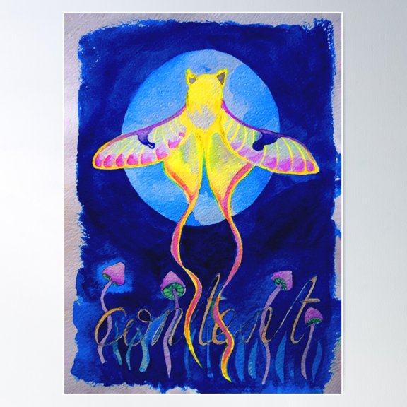 Contented Psychedelic Acid Witch Night Moth On Blue Night Poster Wall Art, Modern Wall Decor For Living Room Bedroom, 8x12 UNFRAMED