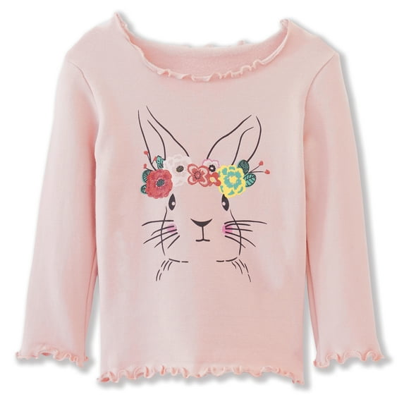 ContiKids Toddler Girls Long Sleeve Top T-shirts Bunny Rabbit Face Graphic Printed Ruffle Edge Tee Shirts Pink 4-5 years
