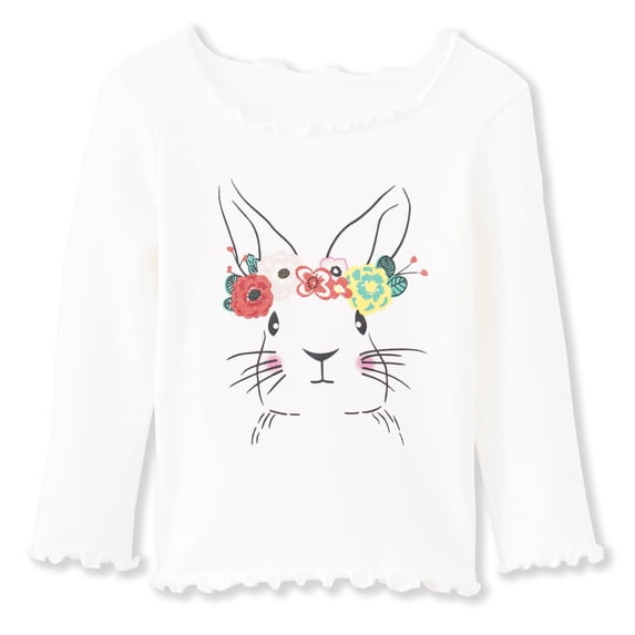 ContiKids Toddler Girls Long Sleeve Top T-shirts Bunny Rabbit Face Graphic Printed Ruffle Edge Tee Shirts White 3-4 years