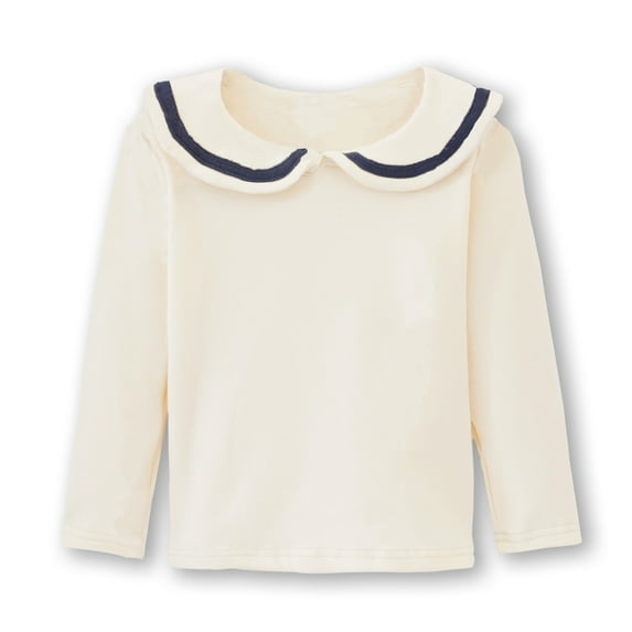 ContiKids Toddler Girls Peter Pan Collar Polo Long Sleeve School Uniform Cotton Shirts Blouse Beige 6-7 Years