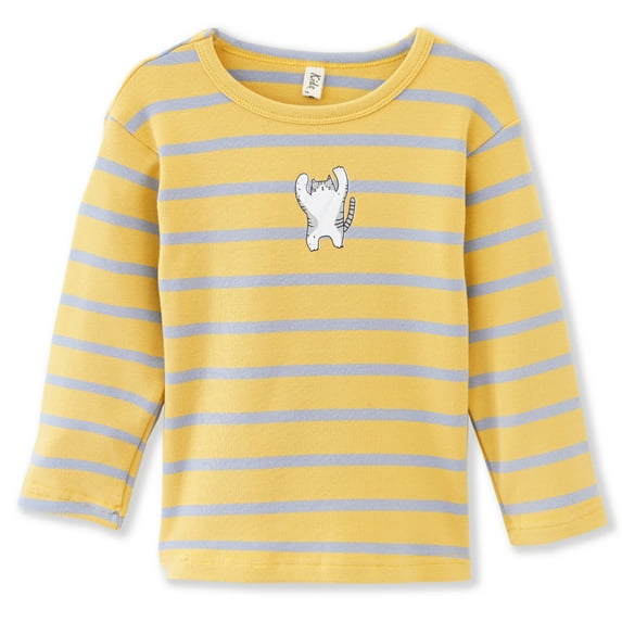 ContiKids Toddler Kids Unisex Shirts Casual Cotton Outfit Cute Stripe Pattern Cat Long Sleeve T-Shirt Top Yellow 5-6 Years