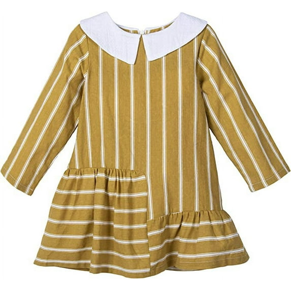 ContiKids Toddler Little Girls Peter Pan Collar Dresses Long Sleeve Striped Pattern Blouse Shirts Dress Yellow 3-4 Year