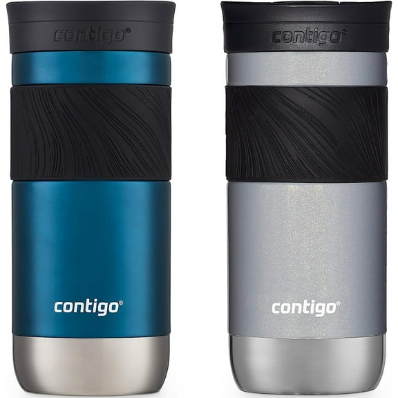 Contigo SNAPSEAL Insulated Stainless Steel Travel Mug with Grip, 16 oz, Blueberry Transparent Satin & Gold Morel, 2-Pack