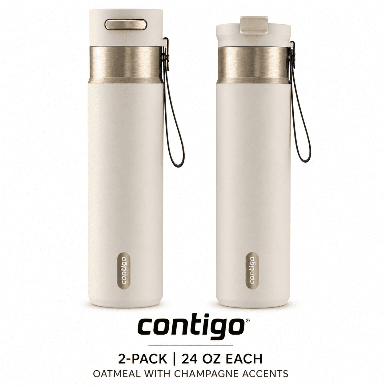 Contigo® 2-Pack 24 oz Leakproof Water Bottles – DualSip 2-Way Lid & AutoSeal®, Insulated, Carrying Strap, BPA-Free, Oatmeal with Champagne Accents