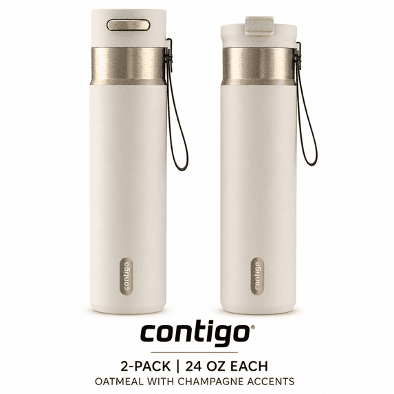Contigo® 2-Pack 24 oz Leakproof Water Bottles – DualSip 2-Way Lid & AutoSeal®, Insulated, Carrying Strap, BPA-Free, Oatmeal with Champagne Accents