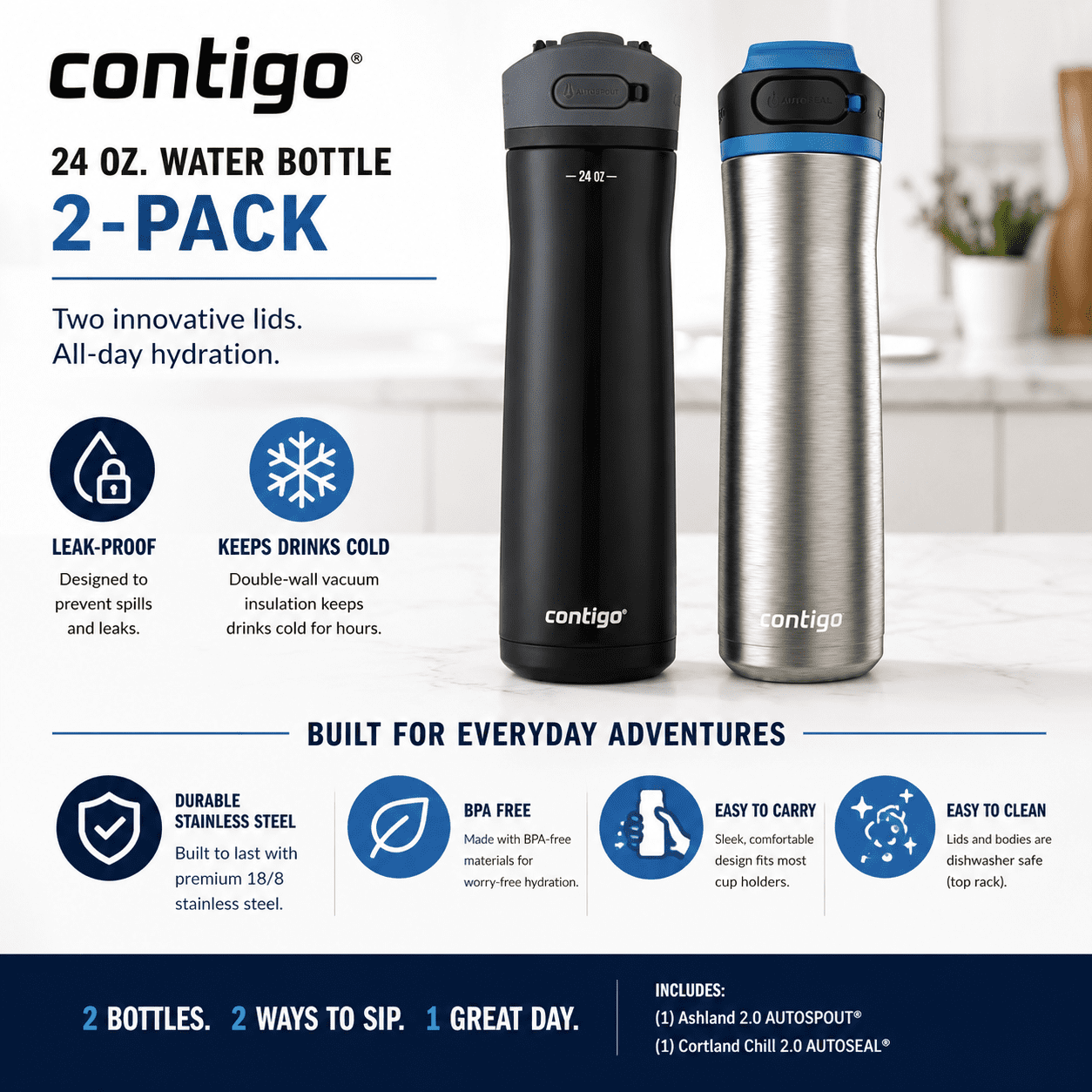 Contigo Water Bottles - Stainless Steel & Straw - Walmart.com