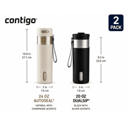 Contigo 2-Pack Water Bottles AutoSeal 24 oz Leakproof Bottle with Carry Strap Oatmeal/Champagne and DualSip 20 oz Insulated Bottle with 2-Way Lid Black/Silver