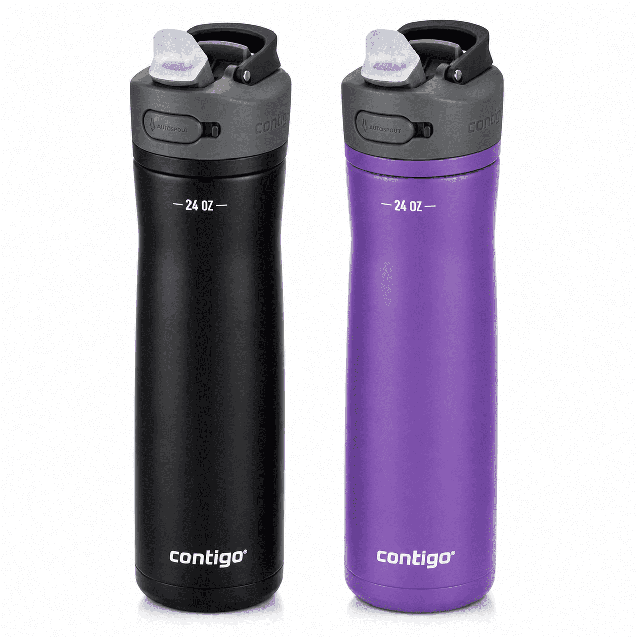 Contigo® Ashland Chill 2.0 Stainless Steel Water Bottle with AUTOSPOUT® Lid & Straw, 24 oz – 2-Pack (Black & Pansy Purple), Leakproof, Insulated, BPA-Free