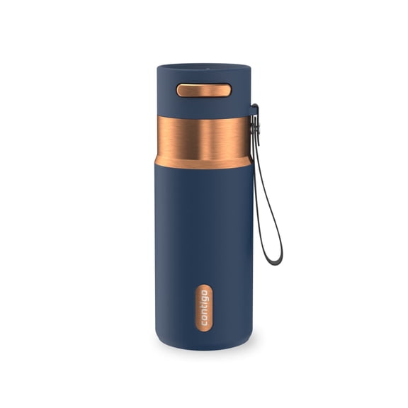 Contigo AutoSeal Leakproof Stainless Steel Reusable Water Bottle Tumbler with Carrying Strap, Dark Blue/Bronze, 16 oz