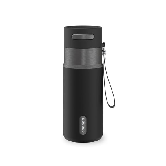 Contigo 16 oz Stainless Steel Water Bottle, Leak-Proof, Hot & Cold Insulated, Travel, Gym & Office Friendly, Carry Strap, Black/Silver