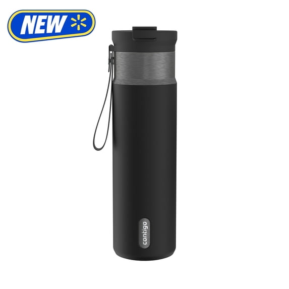Contigo 24 oz DualSip Stainless Steel Leak-Proof Insulated Water Bottle with Straw or Sip Lid and Carry Strap, Black/Silver