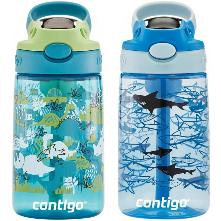Contigo Kids Water Bottle with Redesigned AUTOSPOUT Straw, 14 oz, 2-Pack,  Dinos & Sharks