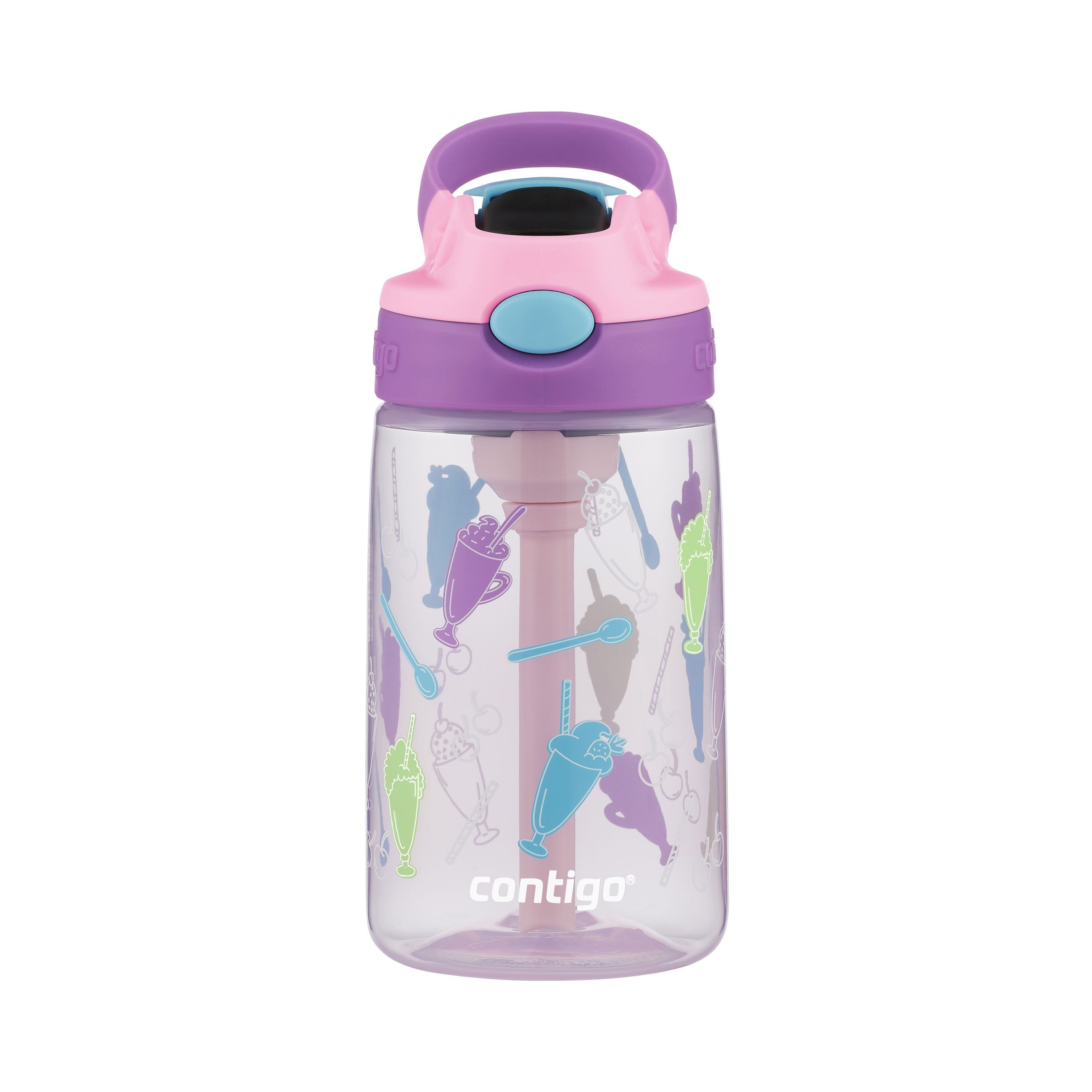 Small modern kids water bottle with pink plastic straw simple