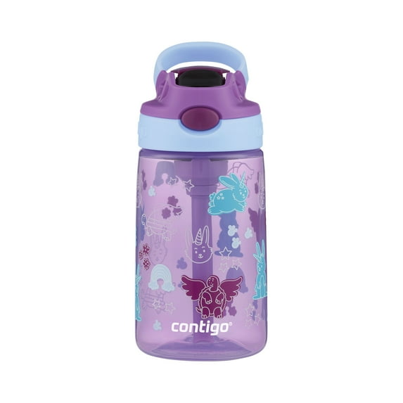 Contigo Kids Plastic Water Bottle with Straw Lid Purple Bunnicorns and Flying Turtles, 14 fl oz.