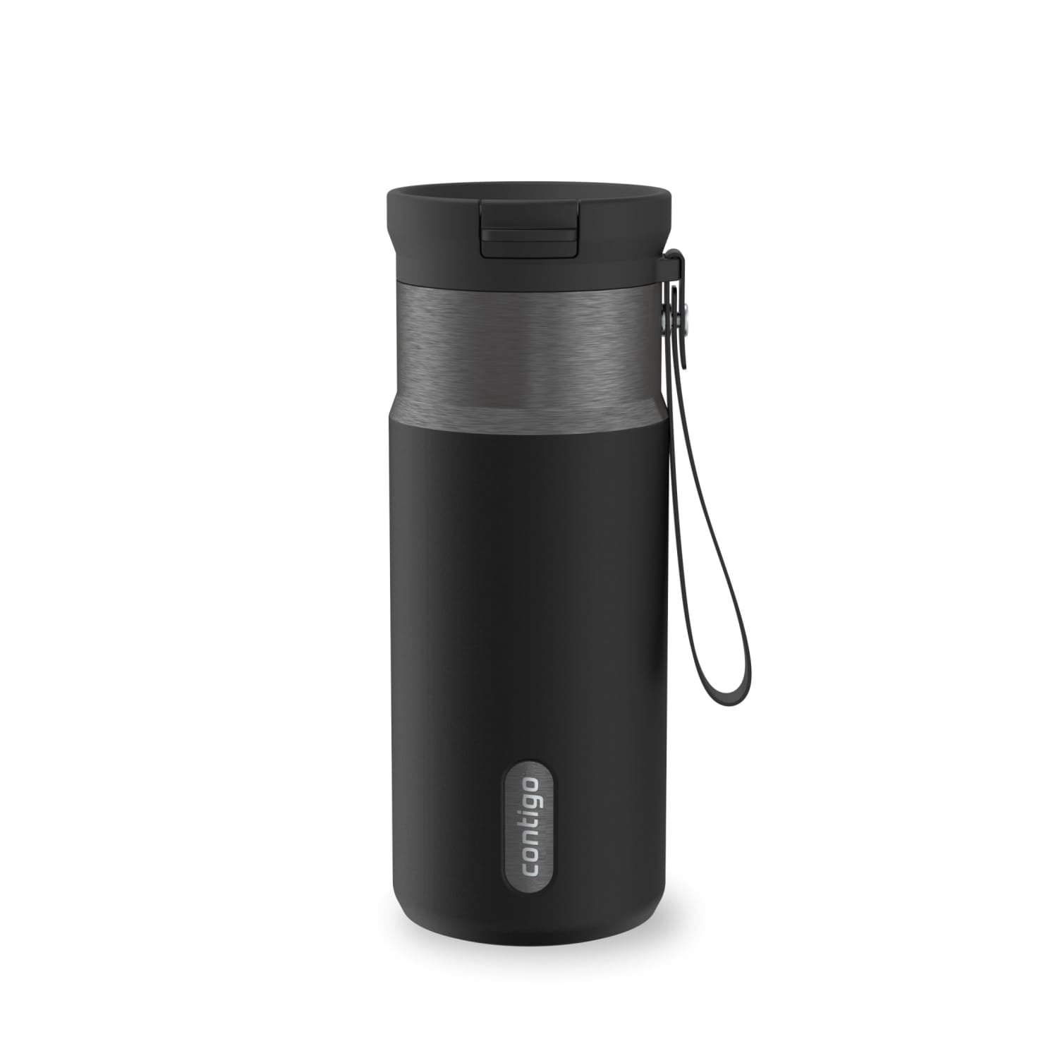 Contigo SnapSeal Leakproof Stainless Steel Reusable Water Bottle with Carrying Strap, Black/Silver, 16 oz