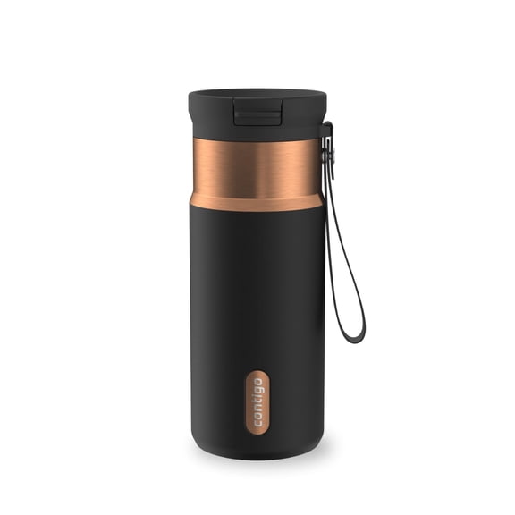 Contigo SnapSeal Leakproof Stainless Steel Reusable Water Bottle with Carrying Strap, Black/Bronze, 16 oz