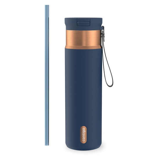 Contigo SnapSeal Leakproof Stainless Steel Reusable Water Bottle with Carrying Strap, Dark Blue/Bronze, 24 oz