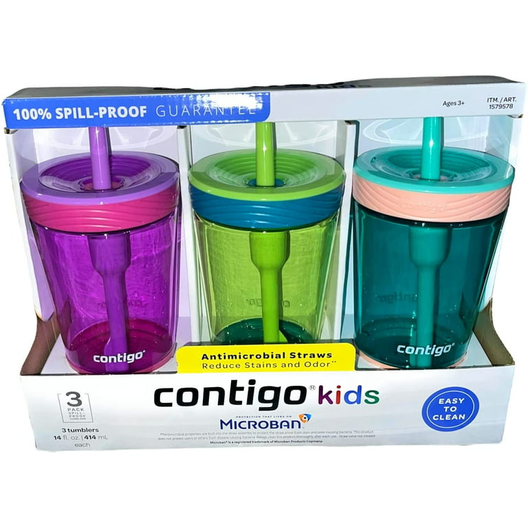 Contigo Spill-Proof Kids Tumbler, 3-Pack, Pink, Green, Aqua. 