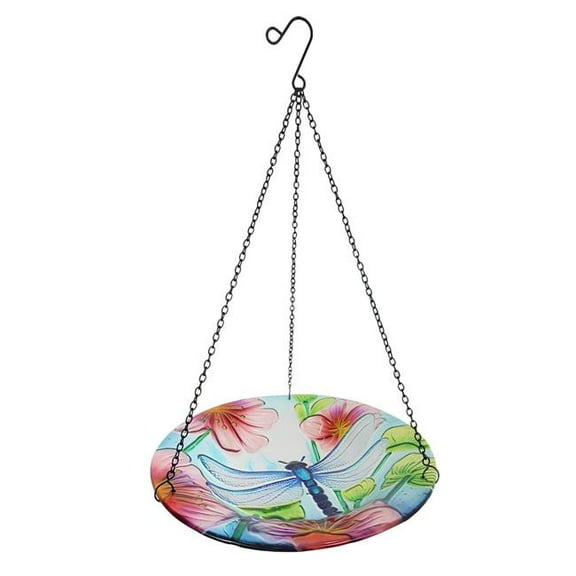 Continental Art Center 11779 12' Hanging Glass Bird Bath and Feeder with Floral Dragonfly Design