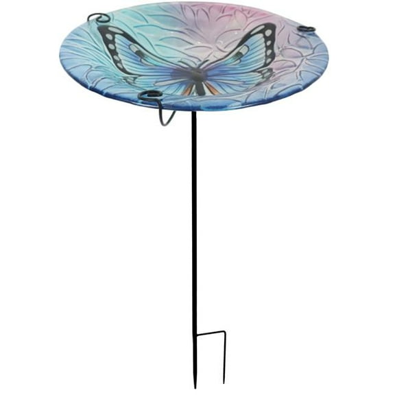 Continental Art Center 32867 12' Blue and Purple Butterfly Hand Painted Glass Bird Bath and Feeder Outdoor Garden Stake