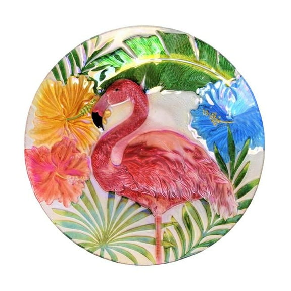 Continental Art Center 3605861 18' Holographic Painted Flamingo Glass Plate Bird Bath Bowl Decorative Outdoor Garden Yard Art