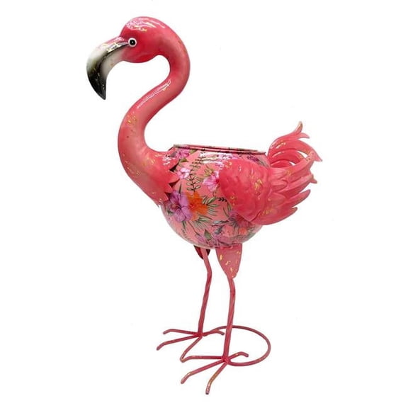 Continental Art Center 21" x 8" x 16" Pink Enameled Metal Flamingo Planter with Flower Pattern
