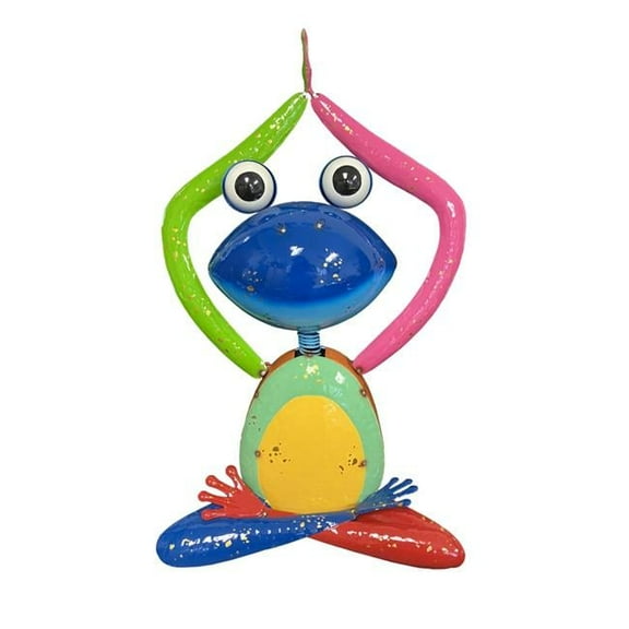 Continental Art Center 22037A Colorful Enameled Metal Frog with Arms Raised Statue - Blue