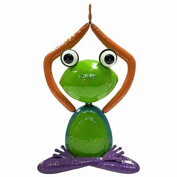 Continental Art Center 22037B Colorful Enameled Metal Frog with Arms Raised Statue - Green