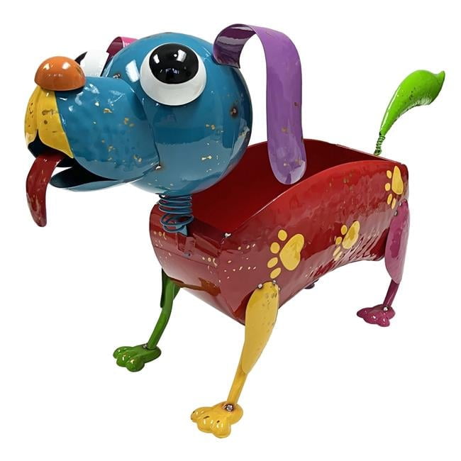 Continental Art Center 22192B Colorful Enameled Metal Paw Print Dog Planter - Blue Face