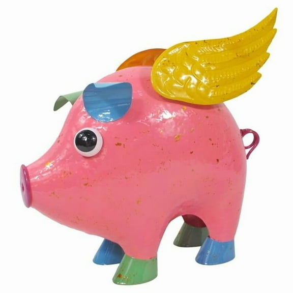 Continental Art Center 22705A Colorful Enameled Metal Flying Pig Statue - Pink