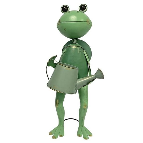 Continental Art Center 24171 Outdoor Metal Green Frog Garden Statue Holding Watering Can and Wearing Hat Yard Art Decoration