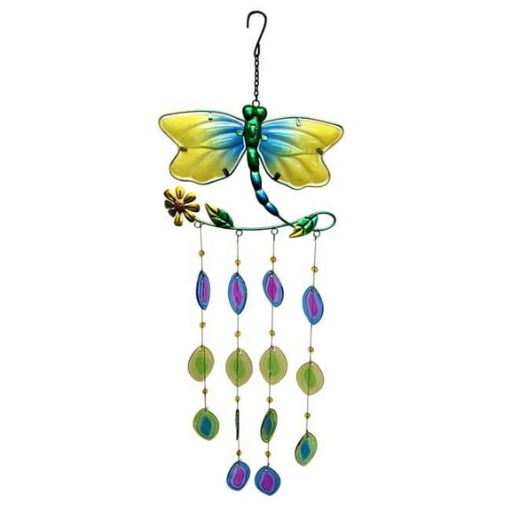 Continental Art Center 3821900B Painted Glass & Metal Dragonfly Suncatcher Wind Chime
