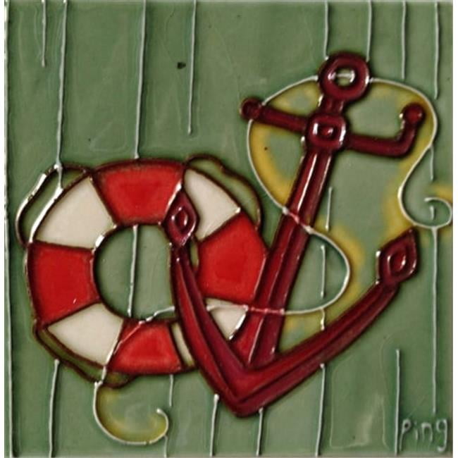 Hand-Painted Green and Red Ceramic Anchor Tile Wall Decor