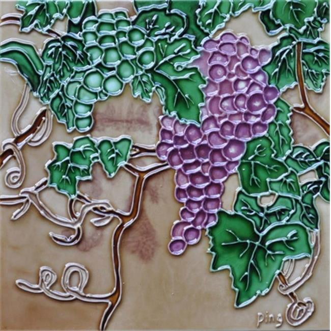 Handcrafted Ceramic Art Tile with Purple and Green Grapes