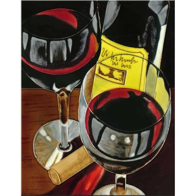 Hand-Painted Ceramic Art Tile with Wine Glasses and Bottle