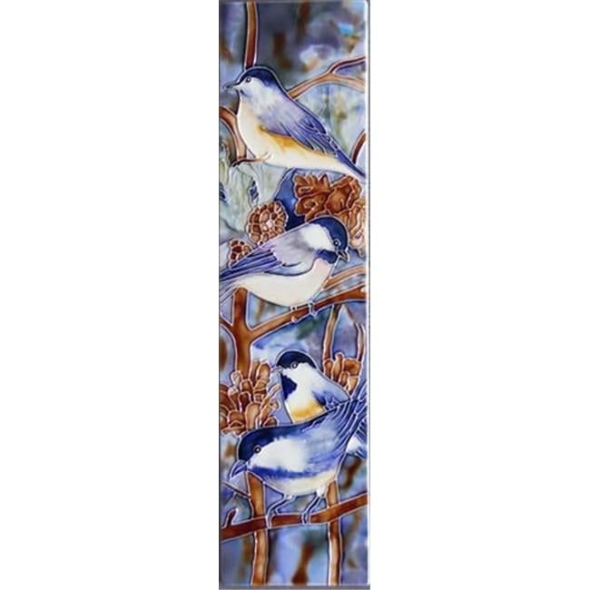 Handcrafted Ceramic Art Tile with Colorful Chickadee Design, 4x16"