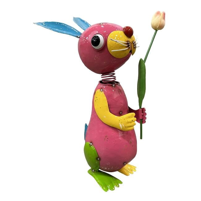 Continental Art Center Colorful Enameled Metal Bunny with Flower Statue - Pink