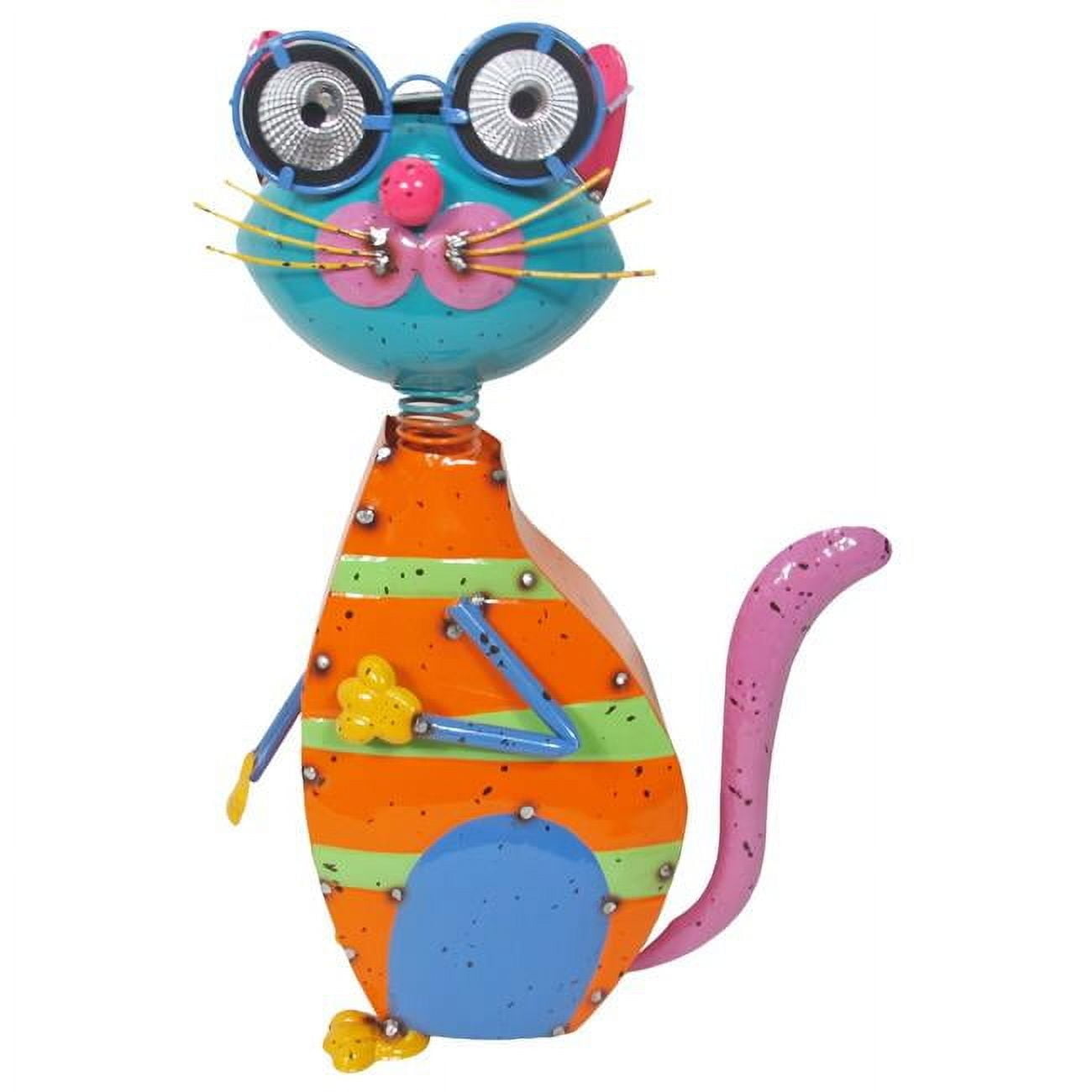 Continental Art Center Colorful Enameled Metal Cat with Solar Eyes Statue