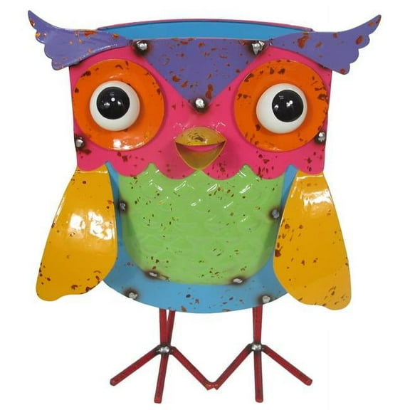 Continental Art Center 18013B Colorful Enameled Metal Owl Planter - Green