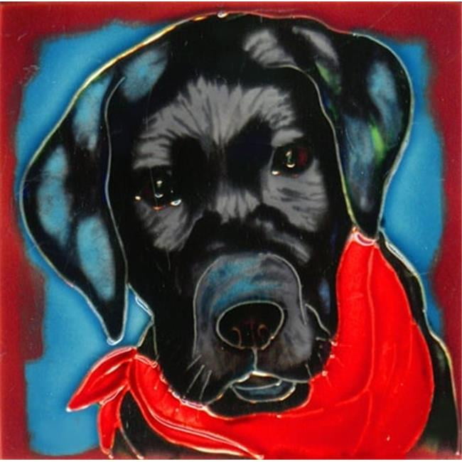 Handcrafted Black Labrador Ceramic Art Tile with Red Scarf