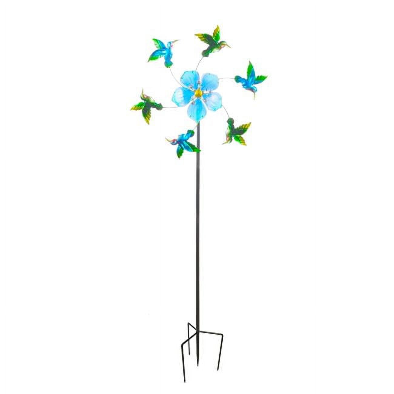Blue Glass and Metal Flower Hummingbird Kinetic Garden Stake