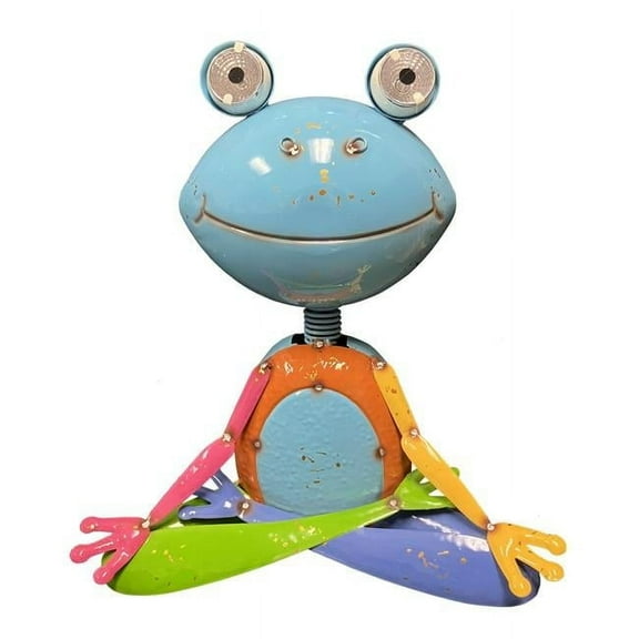 Continental Art Center S22028A Colorful Enameled Metal Frog with Solar Eyes Statue - Blue