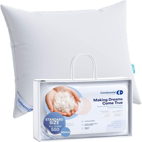 Continental Bedding 100% White Down Pillows, 20 oz. 550FP Pack of 1, Medium Standard Size